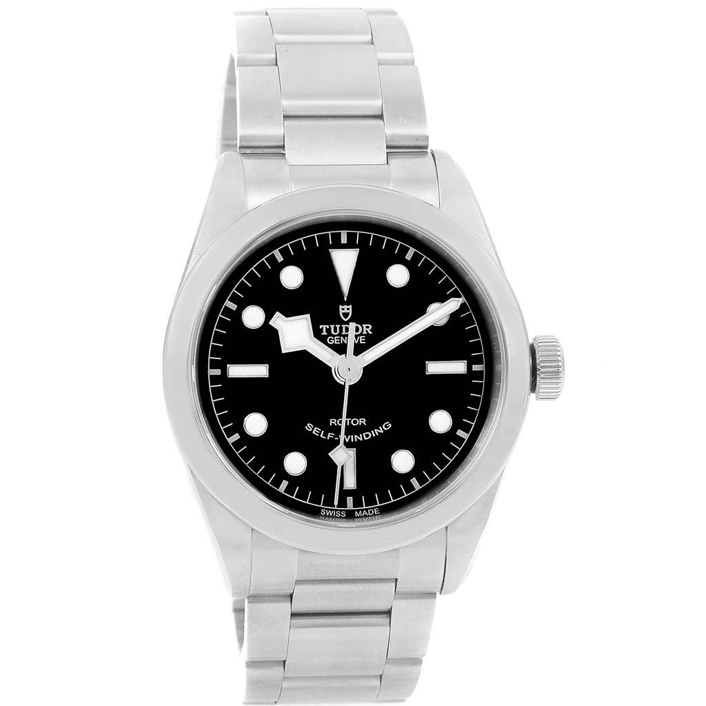 This Tudor Heritage Black Bay 79500 Men's Stainless Steel Black Dial 79500 Men's Stainless Steel Black Dial watch is shown from the front, displaying its dial, hands, bracelet, and crown.