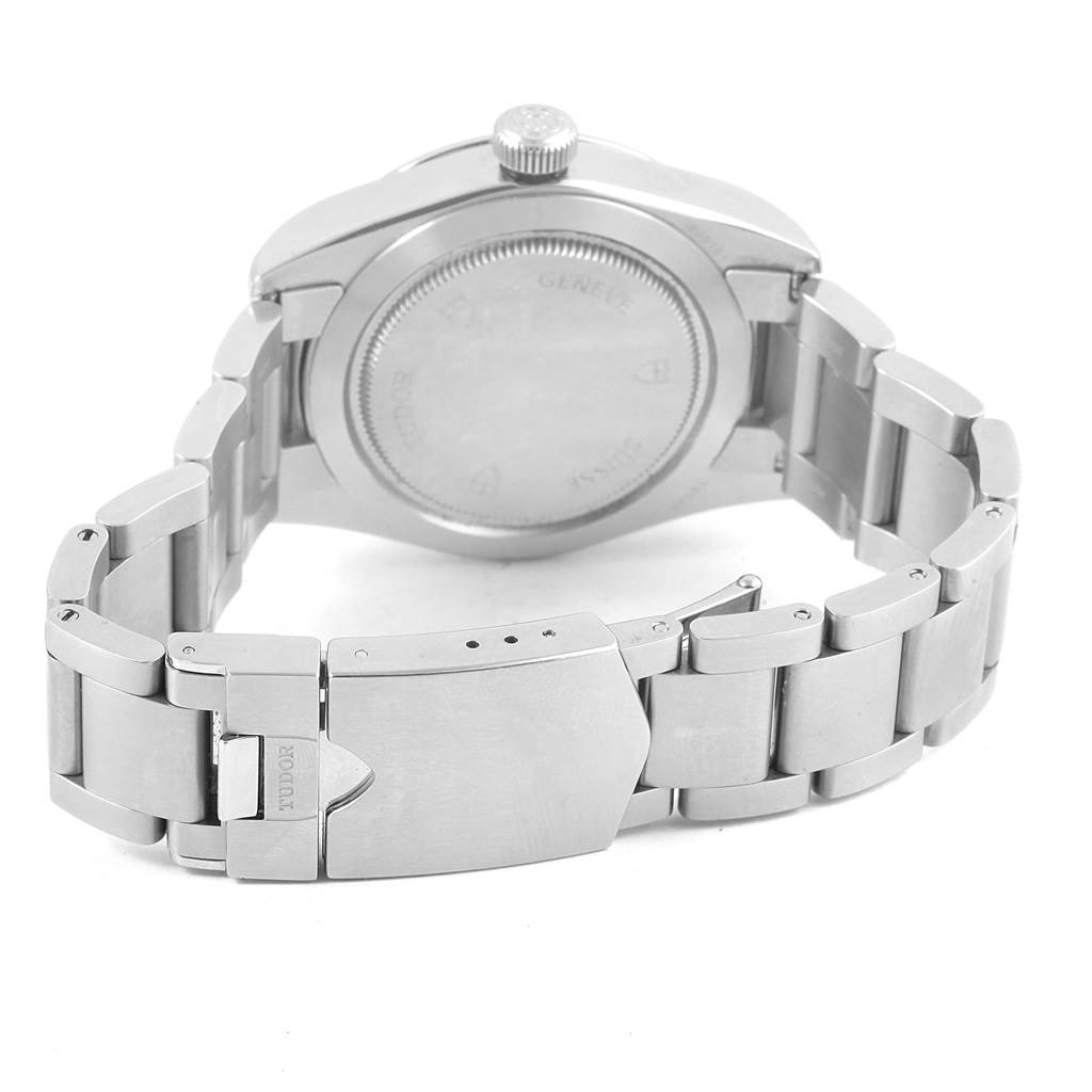 The image shows the back case and clasp of a Tudor Heritage Black Bay 79500 Men's Stainless Steel Black Dial 79500 Men's Stainless Steel Black Dial watch from a rear angle.