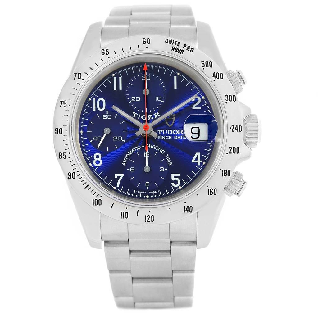 The Tudor Tiger 79280 Men's Stainless Steel Blue Dial 79280 Men's Stainless Steel Blue Dial model watch is shown from a front angle, highlighting the dial, bezel, crown, pushers, and bracelet.