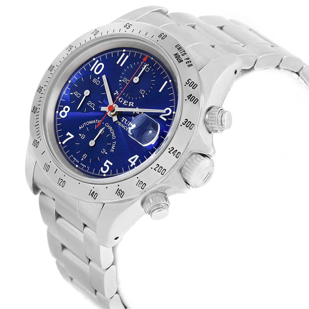 The image shows a Tudor Tiger 79280 Men's Stainless Steel Blue Dial 79280 Men's Stainless Steel Blue Dial model watch at an angle, featuring the face, bezel, crown, pushers, and bracelet.