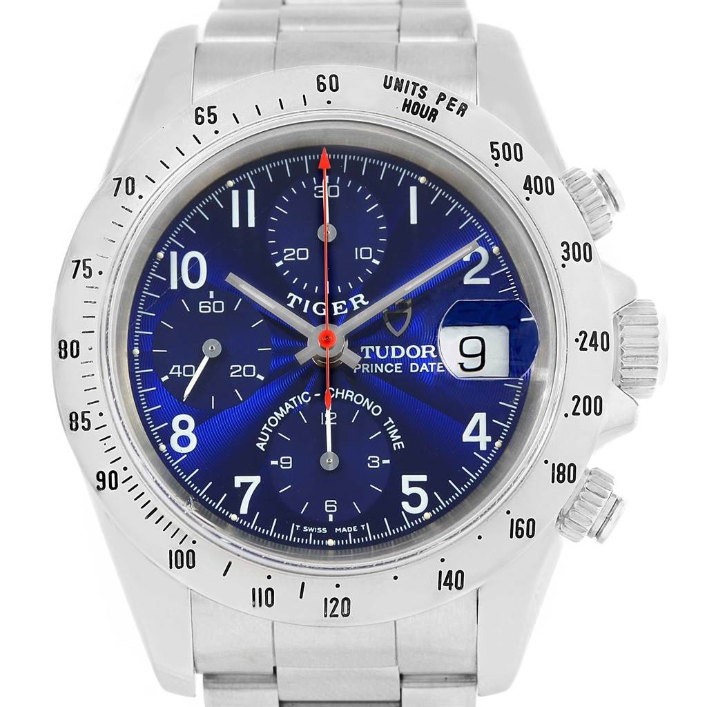 The image shows a front view of the Tudor Tiger 79280 Men's Stainless Steel Blue Dial 79280 Men's Stainless Steel Blue Dial watch, highlighting its face, bezel, and part of the bracelet.
