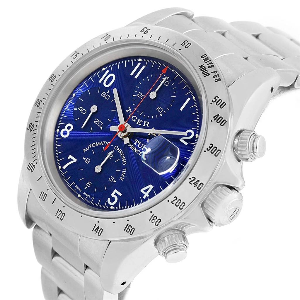 The image shows a Tudor Tiger 79280 Men's Stainless Steel Blue Dial 79280 Men's Stainless Steel Blue Dial watch at a three-quarter angle, highlighting its blue dial, silver case, and bracelet.