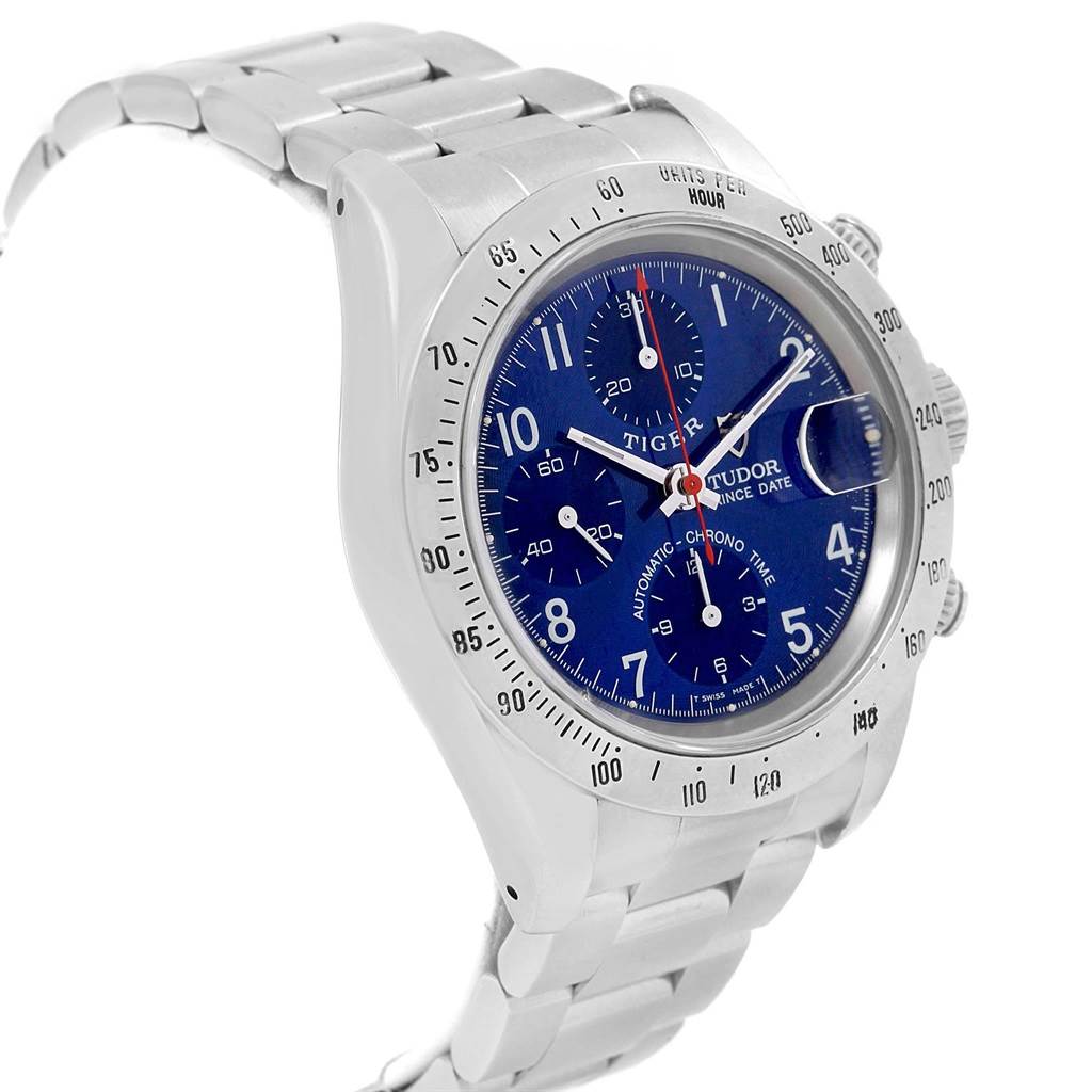 The Tudor Tiger 79280 Men's Stainless Steel Blue Dial 79280 Men's Stainless Steel Blue Dial model watch is shown at an angle highlighting the face, bezel, chronograph dials, bracelet, and pushers.