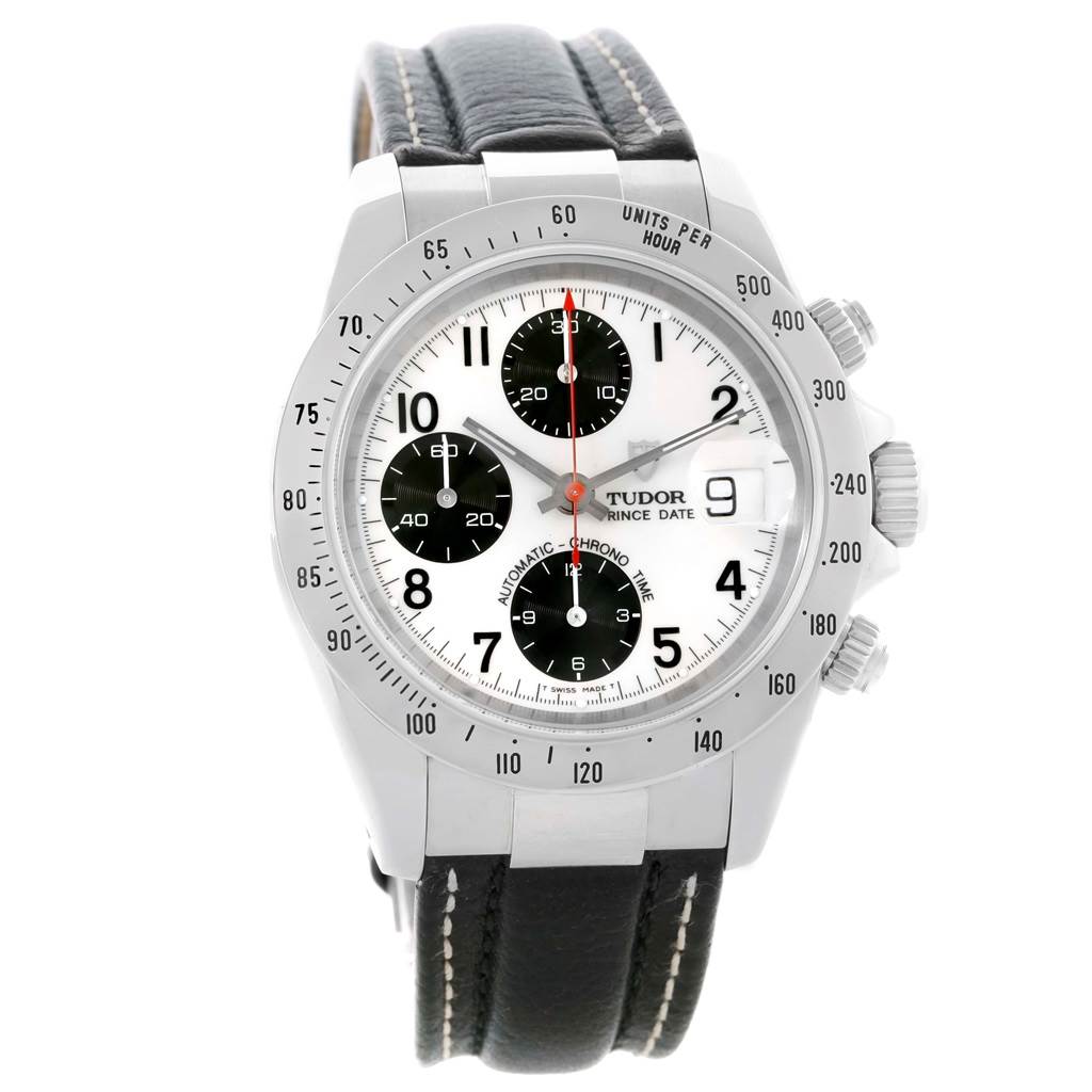 The image shows a front view of a Tudor Tiger 79273 Men's Stainless Steel White Dial 79273 Men's Stainless Steel White Dial model watch, highlighting the dial, bezel, and leather strap.