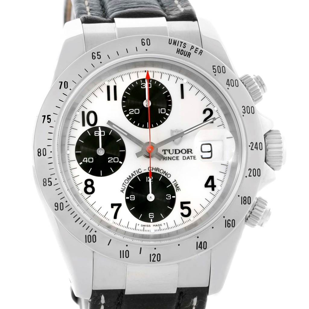 The image shows a front view of the Tudor Tiger 79273 Men's Stainless Steel White Dial 79273 Men's Stainless Steel White Dial model watch, highlighting the dial, subdials, bezel, and crown.