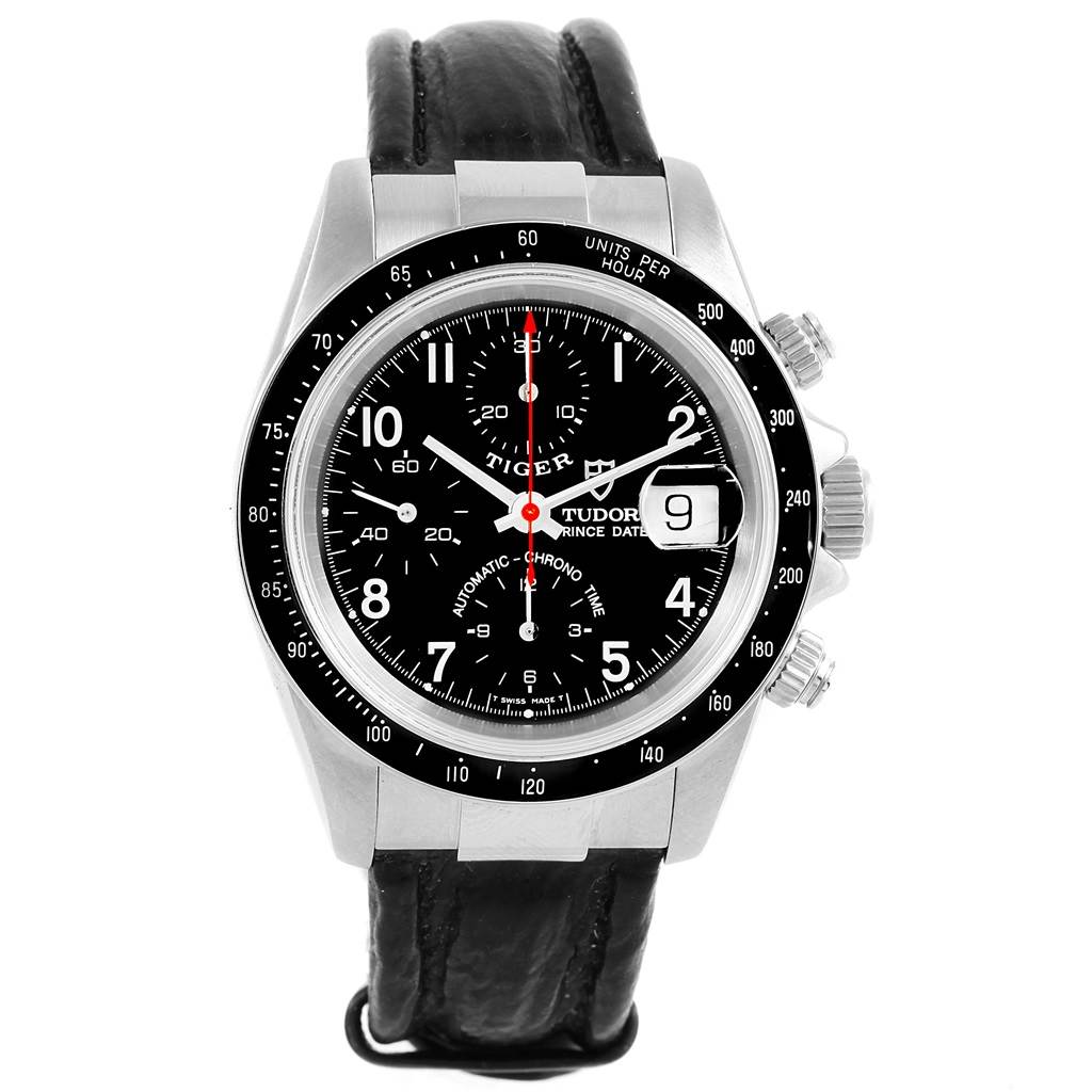 The image shows a front view of the Tudor Tiger 79260 Men's Stainless Steel Black Dial 79260 Men's Stainless Steel Black Dial watch, highlighting its dial, hands, crown, pushers, and leather strap.