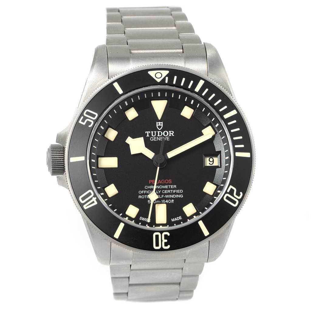 The image shows a front view of a Tudor Pelagos 25610TNL Men's Titanium Black Dial 25610TNL Men's Titanium Black Dial watch, highlighting its dial, bezel, and metal bracelet.