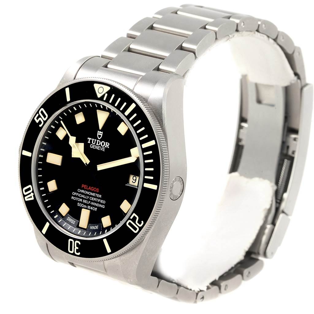 This image shows a side and front view of the Tudor Pelagos 25610TNL Men's Titanium Black Dial 25610TNL Men's Titanium Black Dial watch, highlighting its black dial, bezel, case, and metal bracelet.
