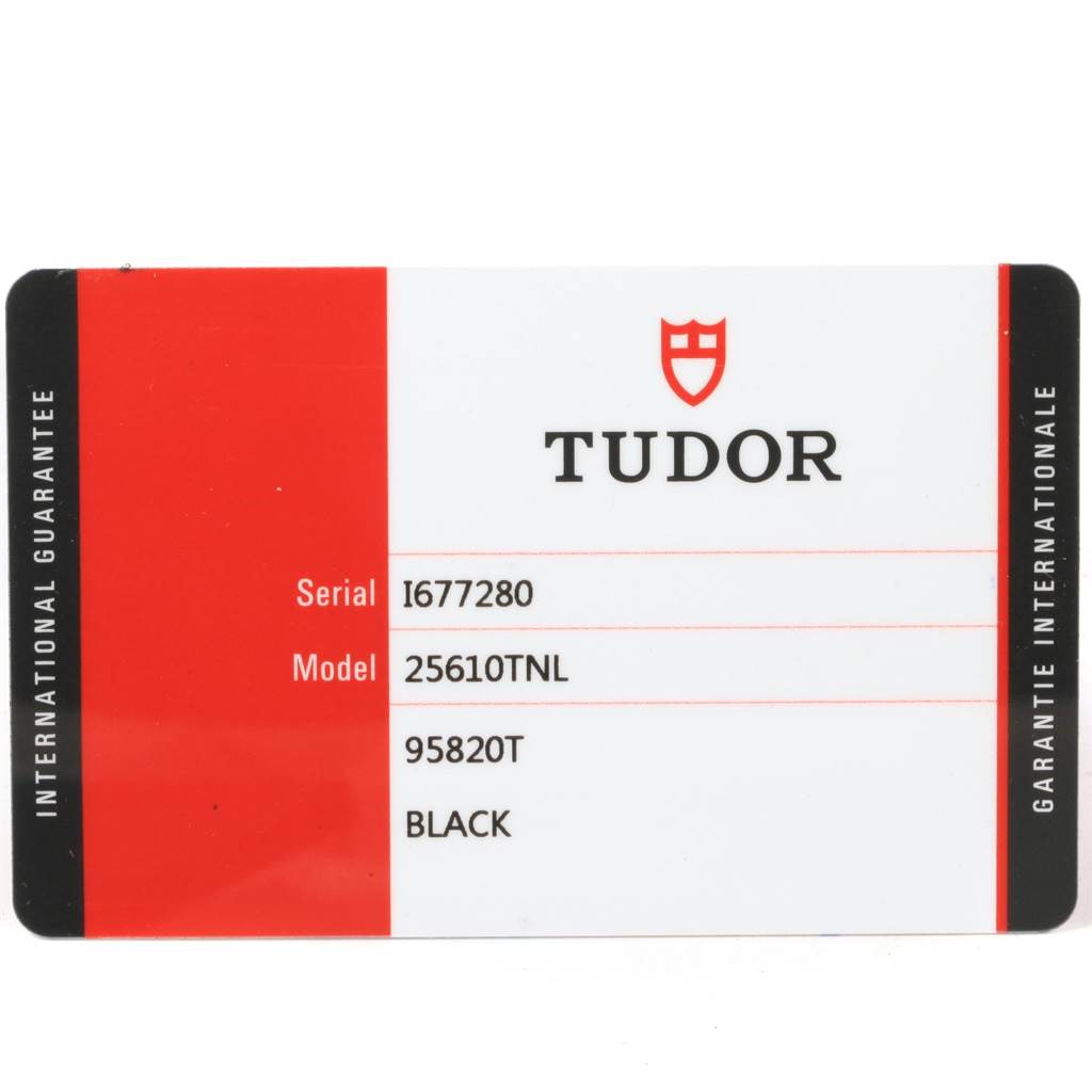 The image shows a warranty card for the Tudor Pelagos 25610TNL Men's Titanium Black Dial 25610TNL Men's Titanium Black Dial model 25610TNL watch.