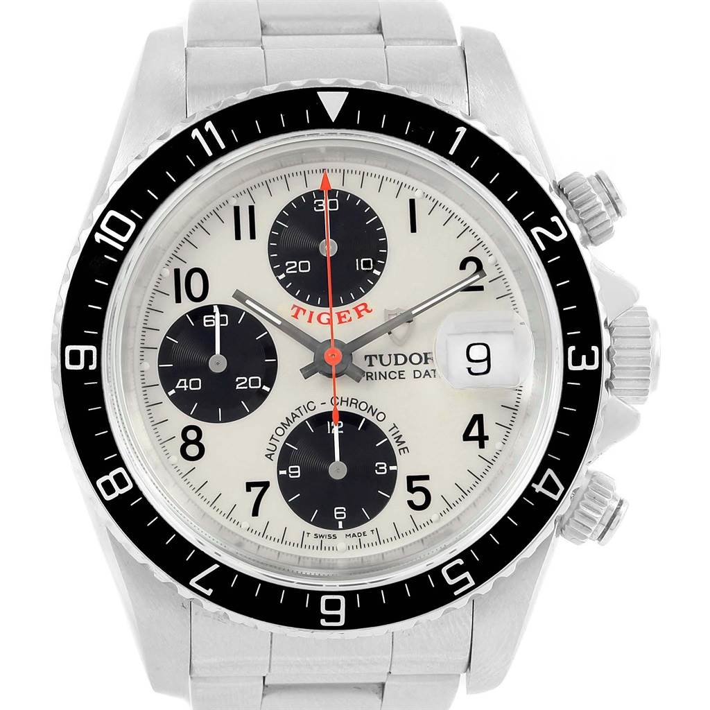 The image shows a front view of a Tudor Tiger 79270 Men's Stainless Steel White Dial 79270 Men's Stainless Steel White Dial model watch, displaying the dial, bezel, and crown.