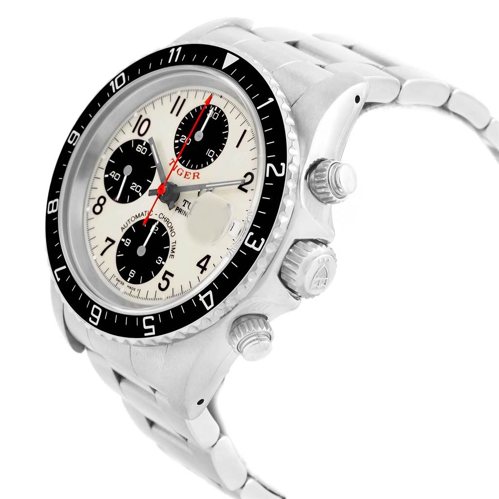 The image shows a side angle of a Tudor Tiger 79270 Men's Stainless Steel White Dial 79270 Men's Stainless Steel White Dial model watch, displaying the dial, bezel, and pushers.