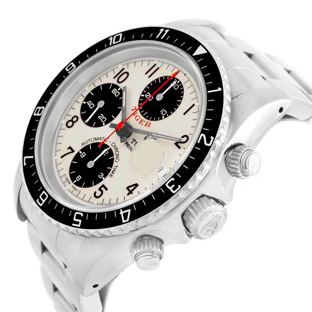This image shows a close-up side angle of a Tudor Tiger 79270 Men's Stainless Steel White Dial 79270 Men's Stainless Steel White Dial model watch, highlighting the face, bezel, and chronograph buttons.