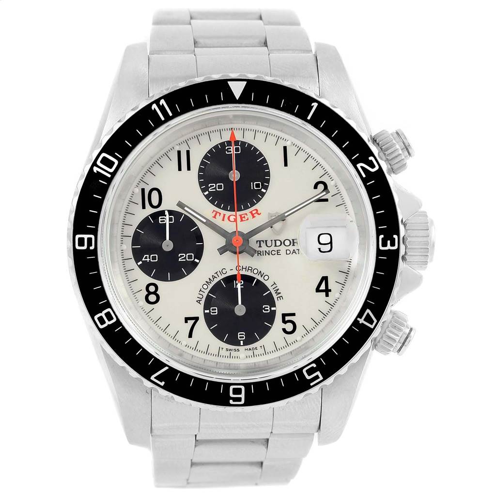The image shows a frontal view of the Tudor Tiger 79270 Men's Stainless Steel White Dial 79270 Men's Stainless Steel White Dial model watch, featuring its face, bezel, and bracelet.