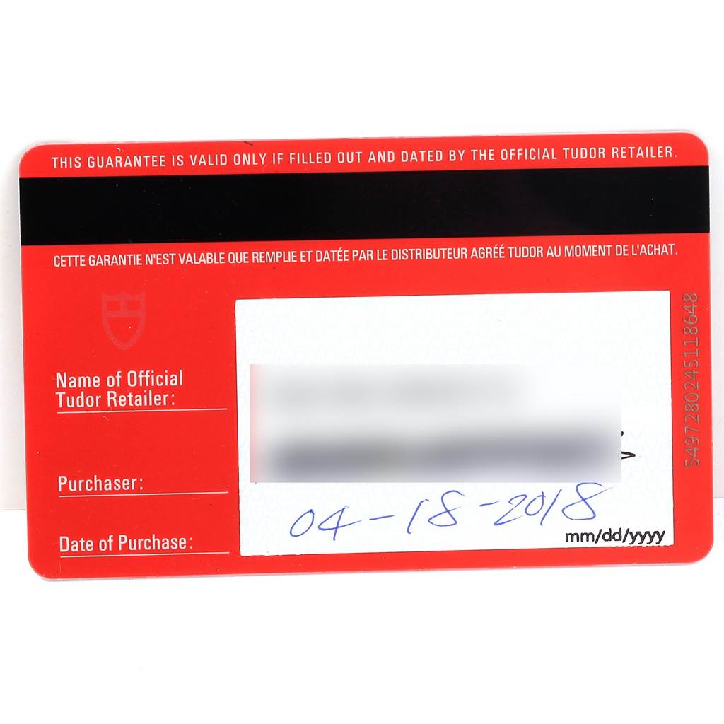 This image shows the warranty card for a Heritage Black Bay model by Tudor, with retail and purchase details.