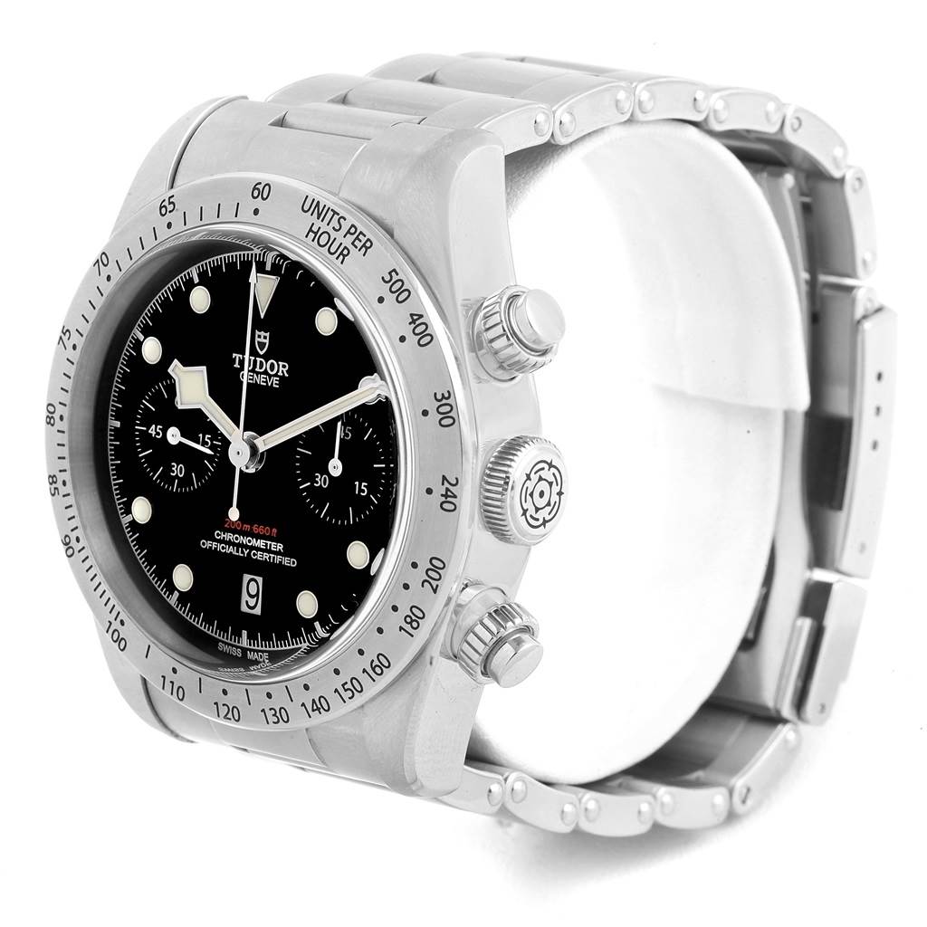 The image shows a side view angle of the Tudor Heritage Black Bay 79350 Men's Stainless Steel Black Dial 79350 Men's Stainless Steel Black Dial watch, highlighting the bezel, dial, and bracelet.