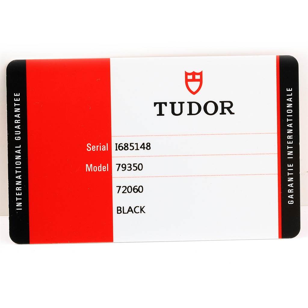 This image shows the warranty card for a Tudor Heritage Black Bay 79350 Men's Stainless Steel Black Dial 79350 Men's Stainless Steel Black Dial watch, displaying the serial and model numbers.