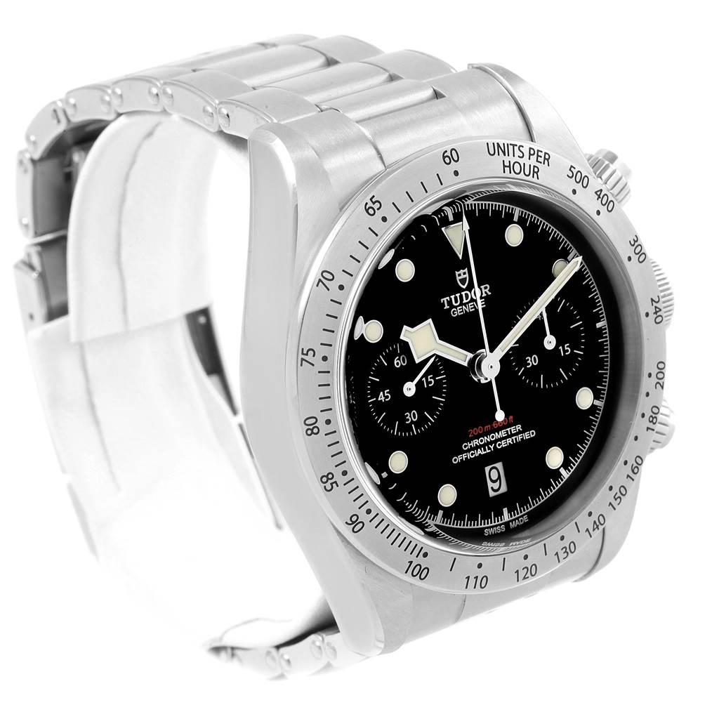 The image shows a Tudor Heritage Black Bay 79350 Men's Stainless Steel Black Dial 79350 Men's Stainless Steel Black Dial watch at an angled front view, highlighting the dial, bezel, and part of the metal bracelet.