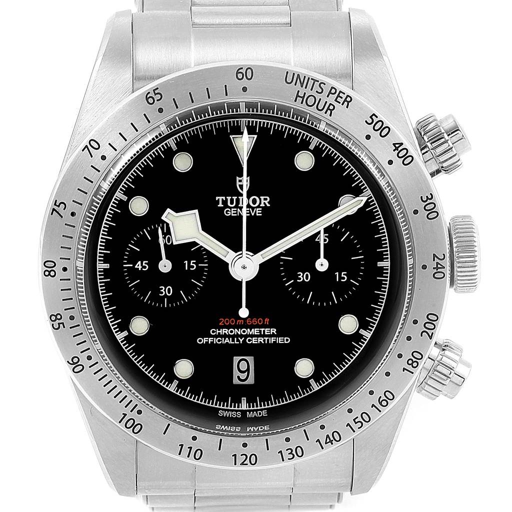 The image shows a front view of the Tudor Heritage Black Bay 79350 Men's Stainless Steel Black Dial 79350 Men's Stainless Steel Black Dial watch, displaying the dial, bezel, and crown.