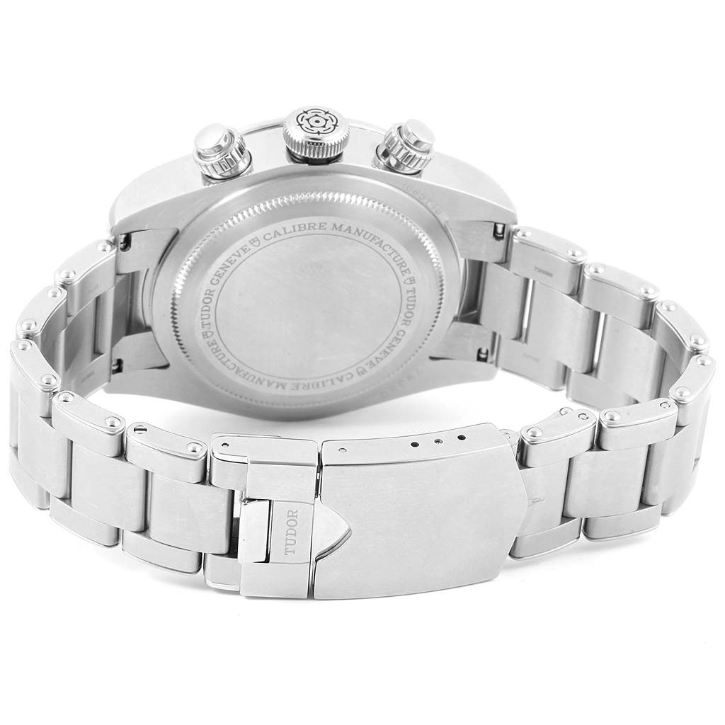 The image shows the back view of the Tudor Heritage Black Bay 79350 Men's Stainless Steel Black Dial 79350 Men's Stainless Steel Black Dial watch, highlighting its case back and stainless steel bracelet.