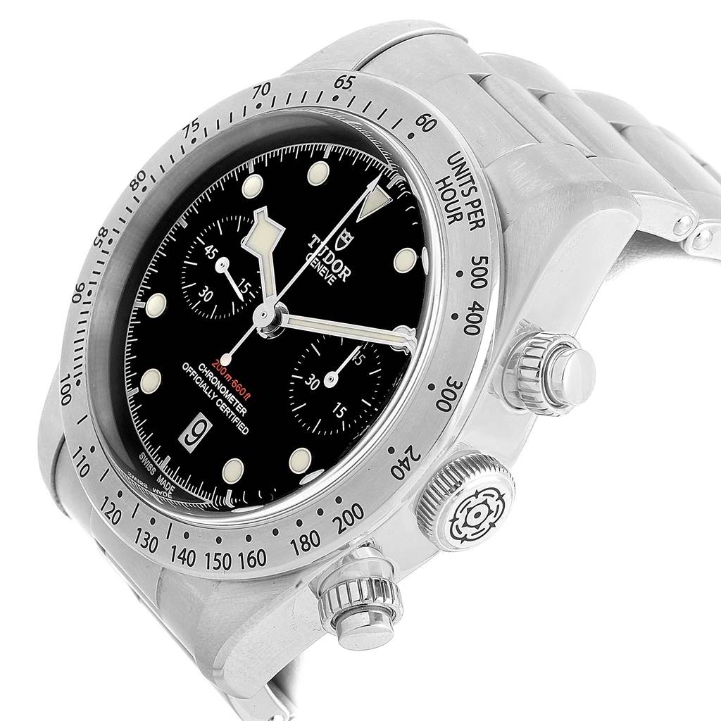 The image shows the Tudor Heritage Black Bay 79350 Men's Stainless Steel Black Dial 79350 Men's Stainless Steel Black Dial watch at an angled close-up, highlighting the face, bezel, and crown.