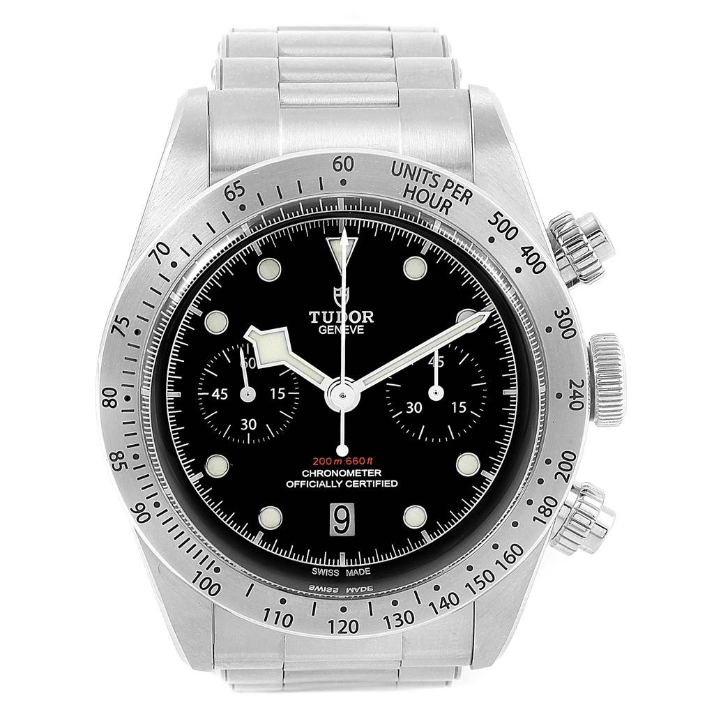 This image shows a front view of the Tudor Heritage Black Bay 79350 Men's Stainless Steel Black Dial 79350 Men's Stainless Steel Black Dial watch, displaying the dial, bezel, and bracelet.