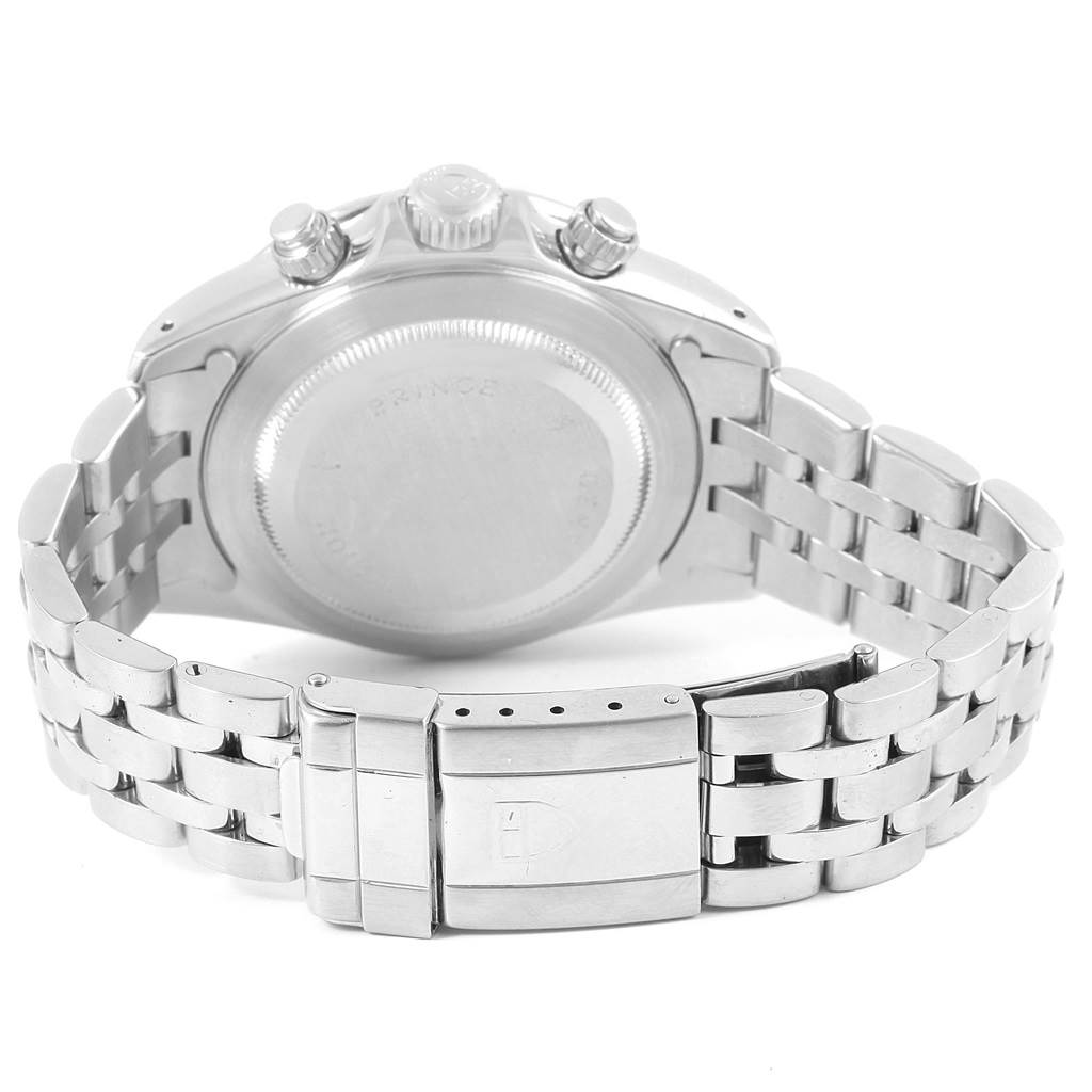 This image shows the back case, crown, pushers, and bracelet of the Tudor Tiger 79280 Men's Stainless Steel Silver Dial 79280 Men's Stainless Steel Silver Dial model watch from a rear angle.