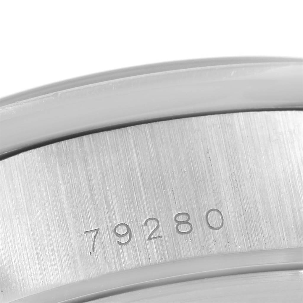 This image shows a close-up of the case back with the model number "79280" for the Tudor Tiger 79280 Men's Stainless Steel Silver Dial 79280 Men's Stainless Steel Silver Dial watch.