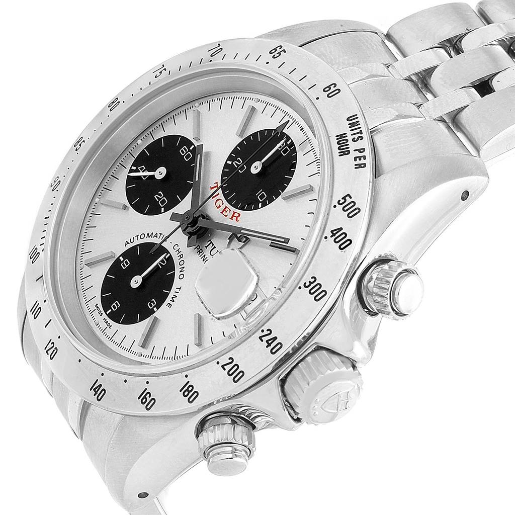 This image shows a close-up, angled view of the face, bezel, and crown of the Tudor Tiger 79280 Men's Stainless Steel Silver Dial 79280 Men's Stainless Steel Silver Dial model watch, highlighting its chronograph dials.