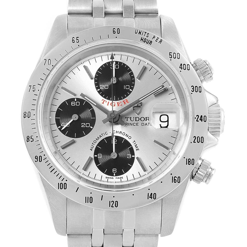 The image shows a frontal view of the Tudor Tiger 79280 Men's Stainless Steel Silver Dial 79280 Men's Stainless Steel Silver Dial watch, including the dial, subdials, date window, bezel, and part of the bracelet.