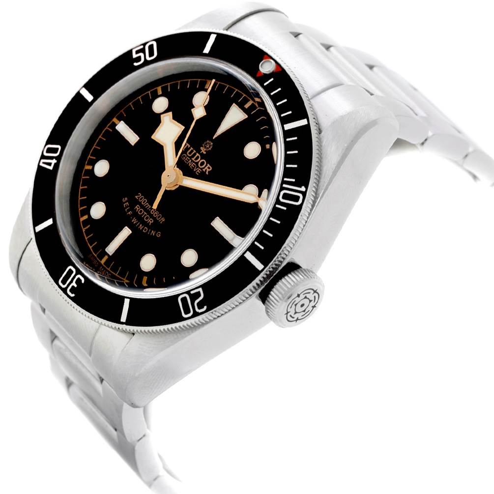 The image shows a side-angle view of the Tudor Heritage Black Bay 79220N Men's Stainless Steel Black Dial 79220N Men's Stainless Steel Black Dial watch, highlighting its dial, bezel, crown, and metal bracelet.