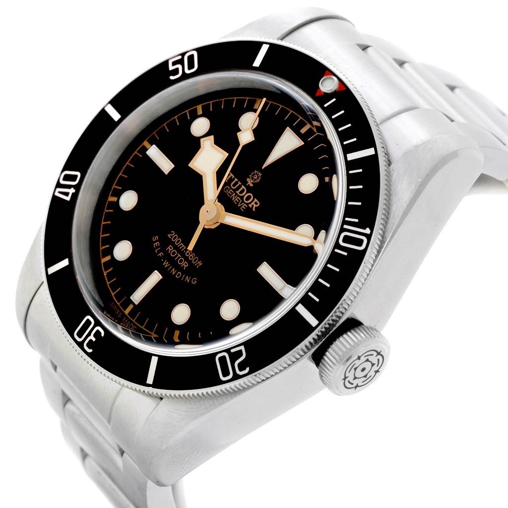 The image shows a Tudor Heritage Black Bay 79220N Men's Stainless Steel Black Dial 79220N Men's Stainless Steel Black Dial watch at a slight angle, displaying the face, bezel, case, and part of the bracelet.