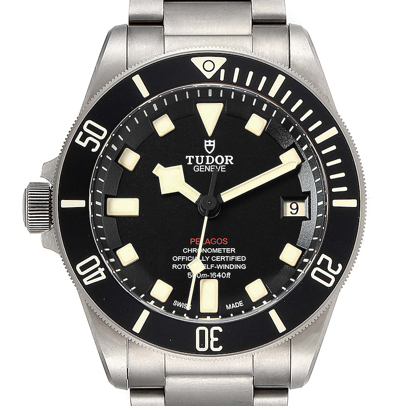 This image shows a frontal close-up view of a Tudor Pelagos watch, highlighting the dial, bezel, and part of the bracelet.