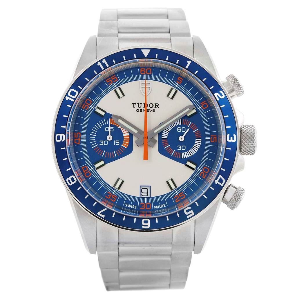 This image shows a front view of the Tudor Heritage Chrono 70330 Men's Stainless Steel Blue Dial 70330 Men's Stainless Steel Blue Dial watch, highlighting its face, bezel, and metal bracelet.
