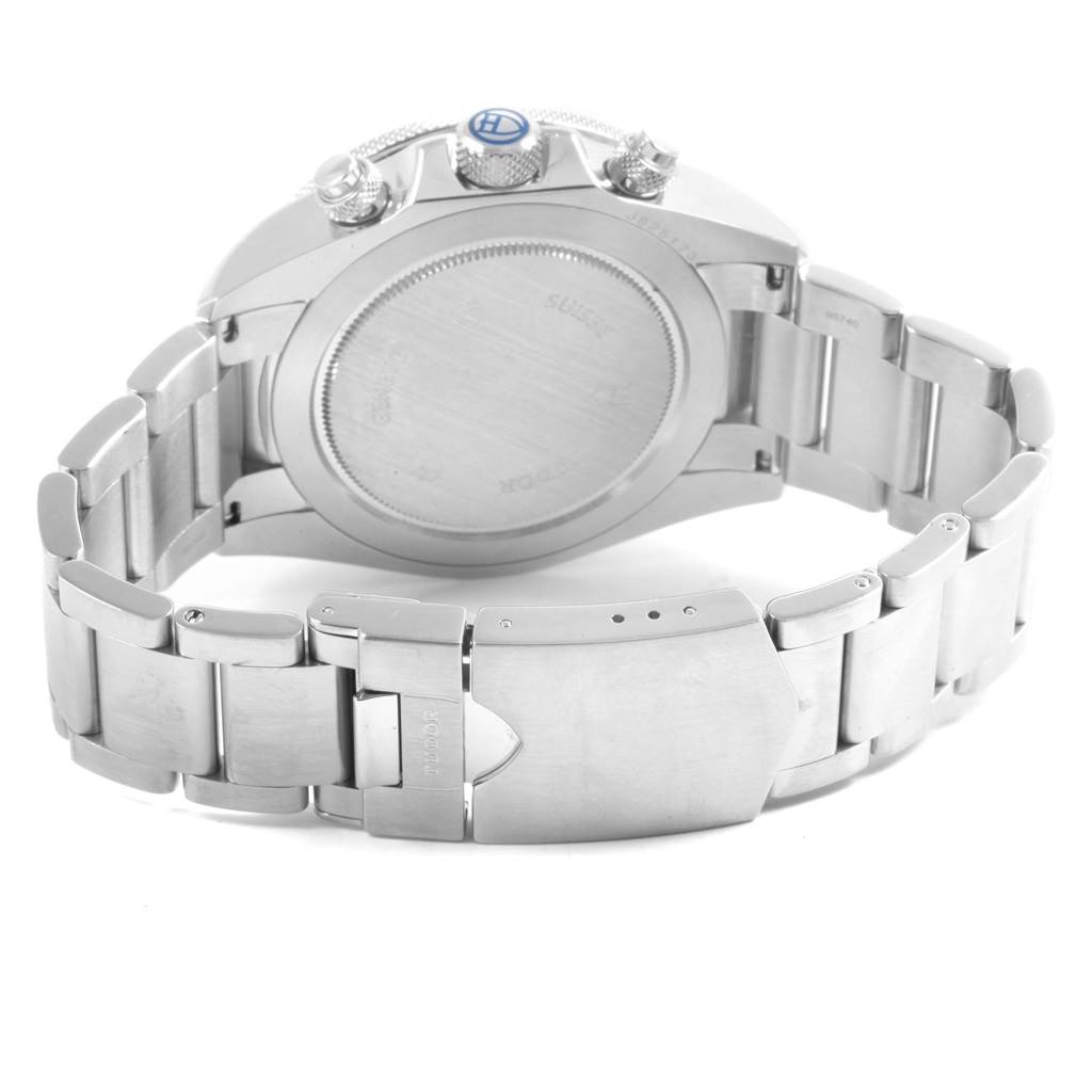 The image shows the rear view of the Tudor Heritage Chrono 70330 Men's Stainless Steel Blue Dial 70330 Men's Stainless Steel Blue Dial watch, highlighting its case back, bracelet, and clasp.