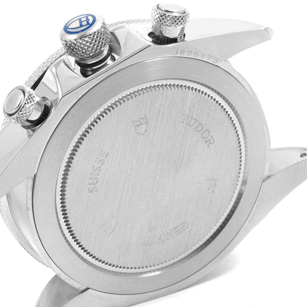 This image shows the back case and side crown of a Tudor Heritage Chrono 70330 Men's Stainless Steel Blue Dial 70330 Men's Stainless Steel Blue Dial watch.