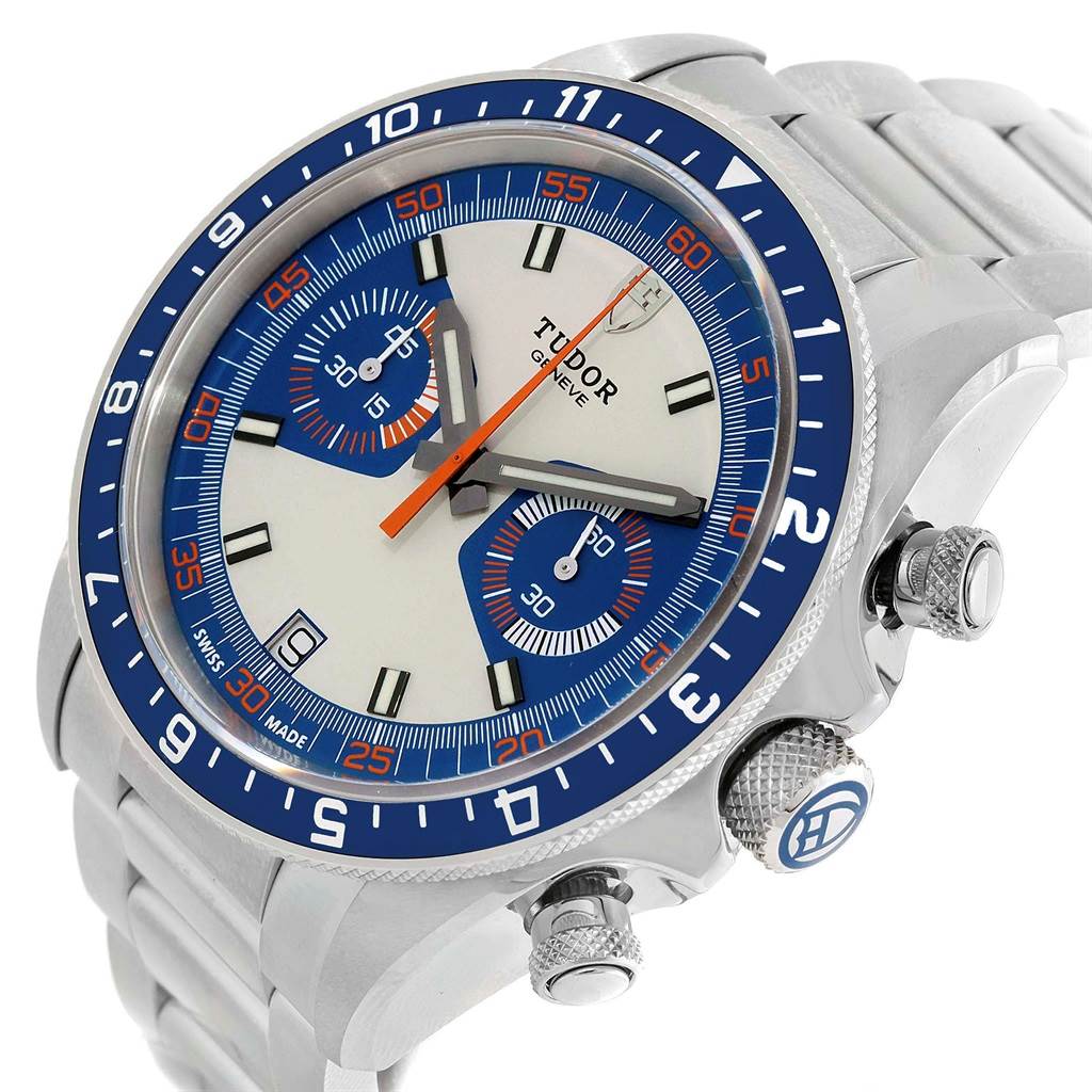 The image shows a Tudor Heritage Chrono 70330 Men's Stainless Steel Blue Dial 70330 Men's Stainless Steel Blue Dial watch at a slight angle, highlighting the face, crown, pushers, and bracelet.
