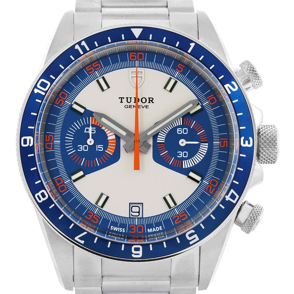 This image shows a frontal view of the Tudor Heritage Chrono 70330 Men's Stainless Steel Blue Dial 70330 Men's Stainless Steel Blue Dial watch displaying the face, bezel, and part of the bracelet.