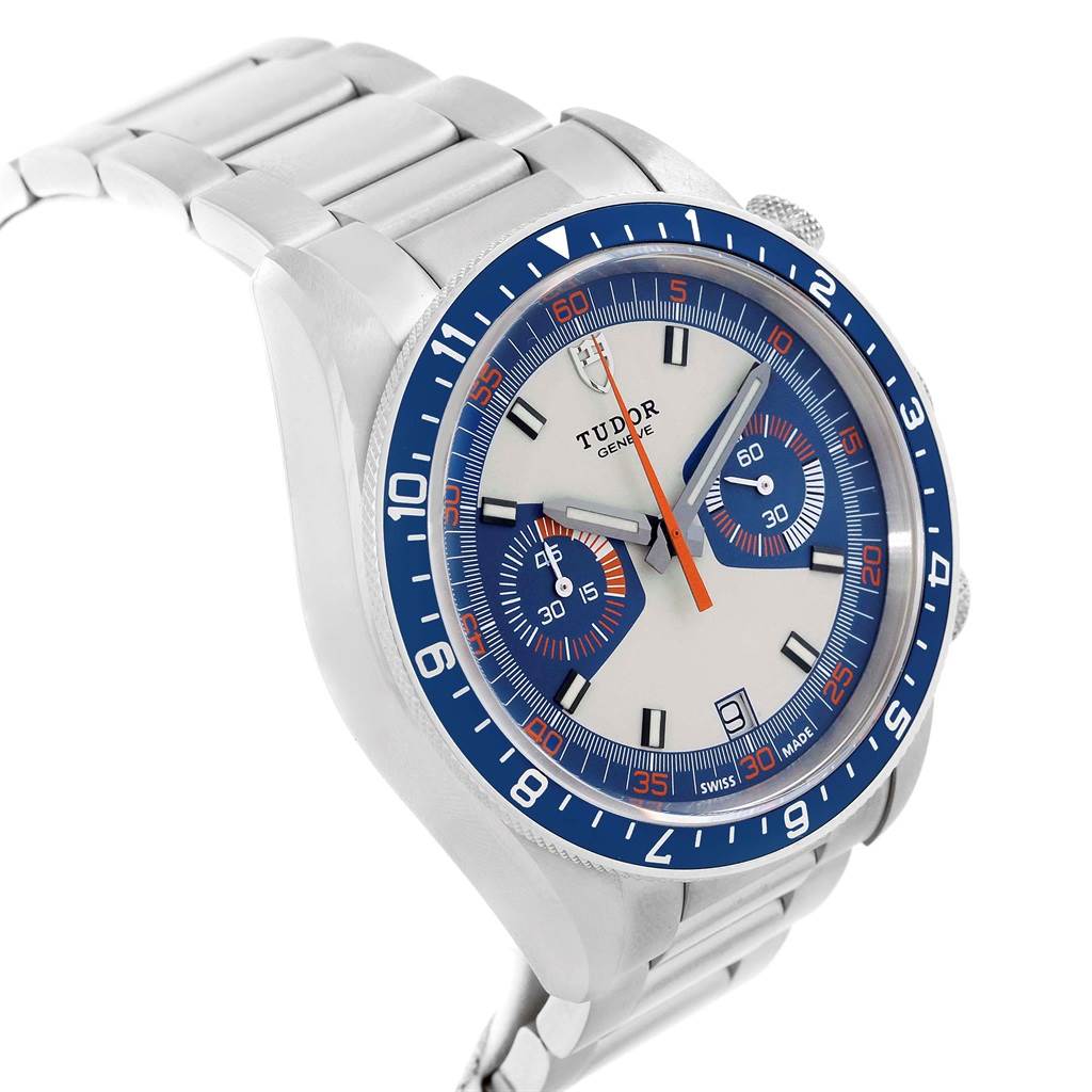This image shows a Tudor Heritage Chrono 70330 Men's Stainless Steel Blue Dial 70330 Men's Stainless Steel Blue Dial watch at an angled view highlighting the face, bezel, and part of the metal bracelet.