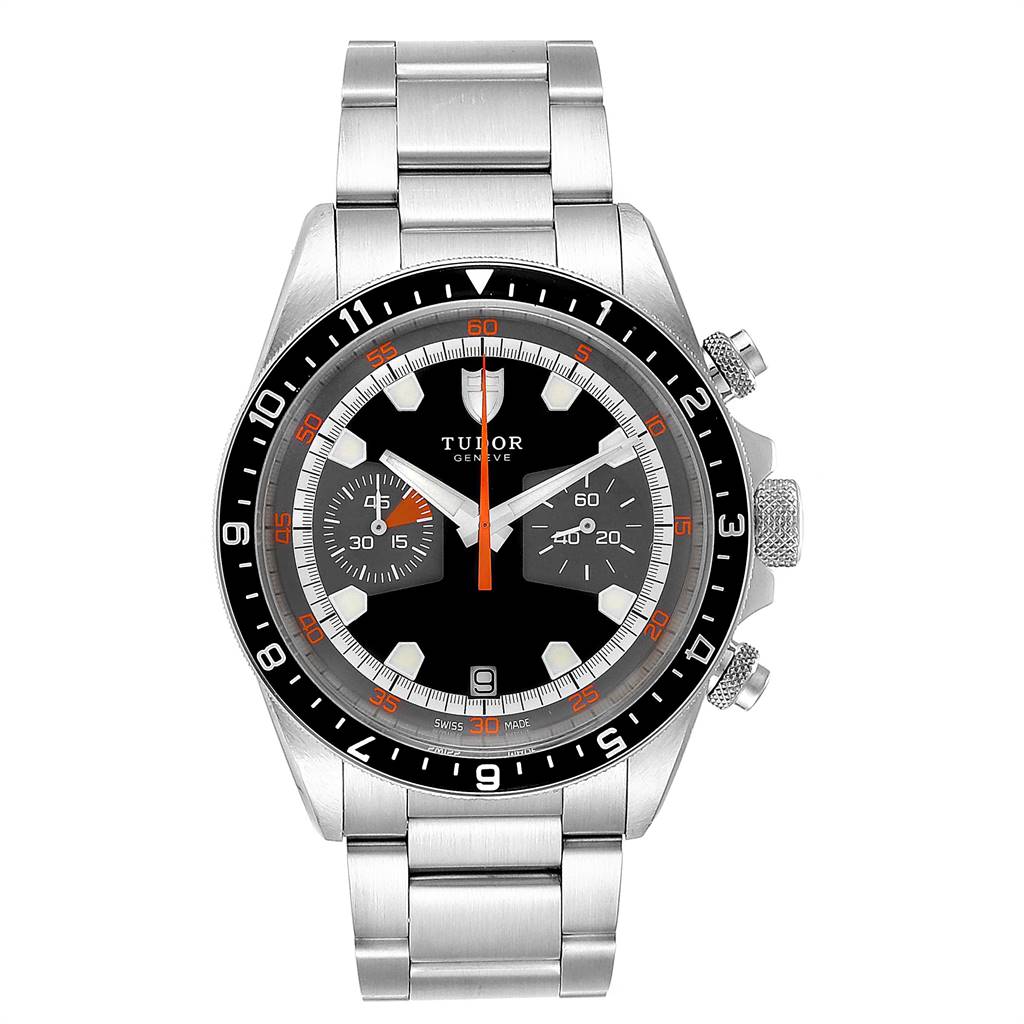 The image shows a Tudor Heritage Chrono 70330N Men's Stainless Steel Grey Dial 70330N Men's Stainless Steel Grey Dial watch from a front angle, displaying the dial, bezel, and bracelet.