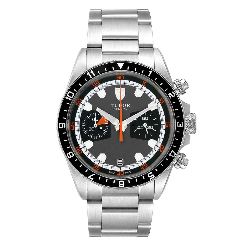 The image shows a front view of a Tudor Heritage Chrono 70330N Men's Stainless Steel Grey Dial 70330N Men's Stainless Steel Grey Dial watch, highlighting its face, bezel, and bracelet in full detail.