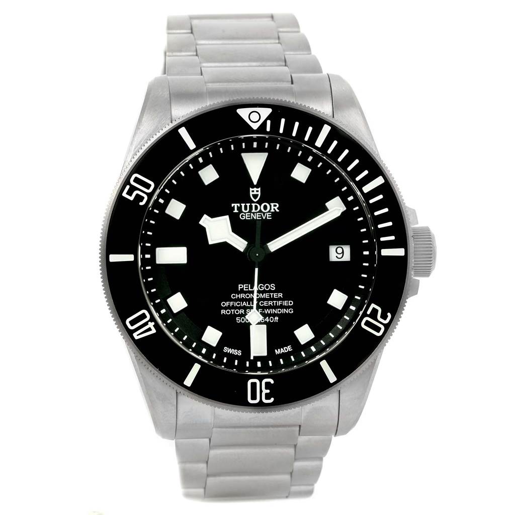 The image shows a frontal view of the Tudor Pelagos 25600TN Men's Titanium Black Dial 25600TN Men's Titanium Black Dial watch, displaying its face, bezel, and metal bracelet.