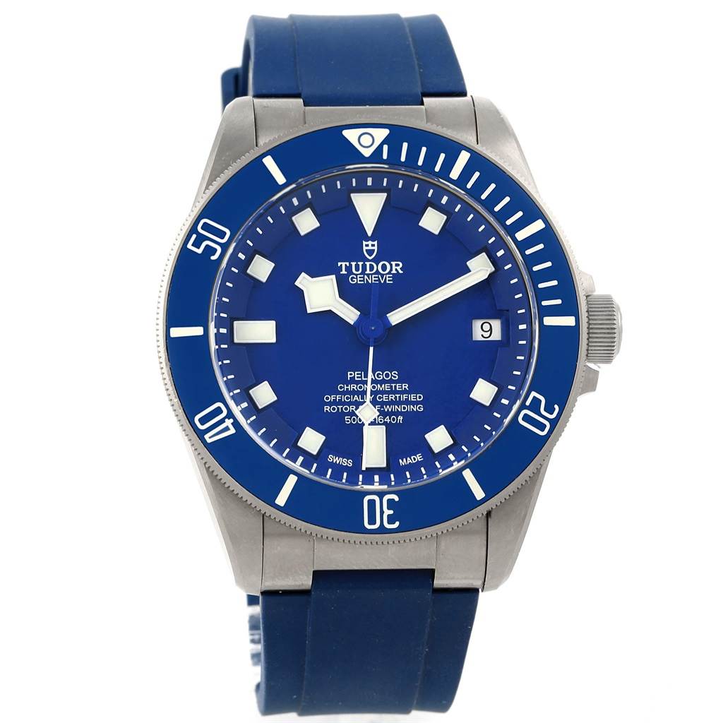 The image shows a Tudor Pelagos 25600TB Men's Titanium Blue Dial 25600TB Men's Titanium Blue Dial watch from the front, highlighting its blue dial, bezel, and rubber strap.