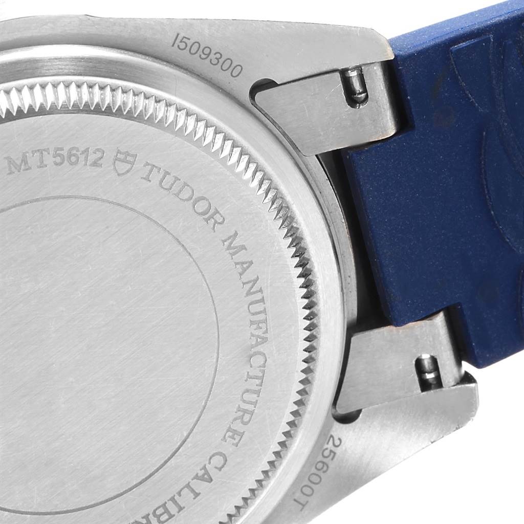 The image shows the back case and strap attachment of a Tudor Pelagos 25600TB Men's Titanium Blue Dial 25600TB Men's Titanium Blue Dial watch, highlighting the model number and watch caliber.