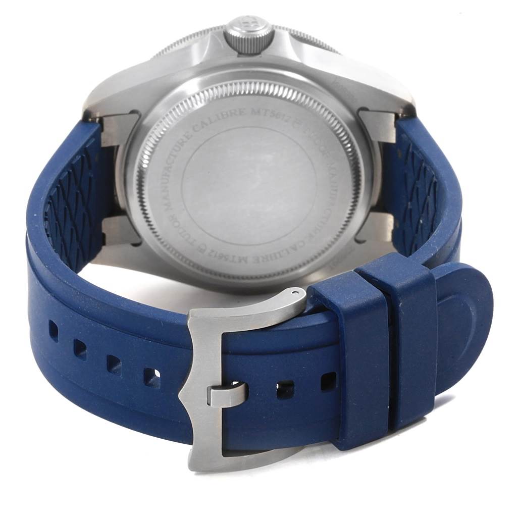 The image shows the back case and blue rubber strap of the Tudor Pelagos 25600TB Men's Titanium Blue Dial 25600TB Men's Titanium Blue Dial watch at a rear angle.