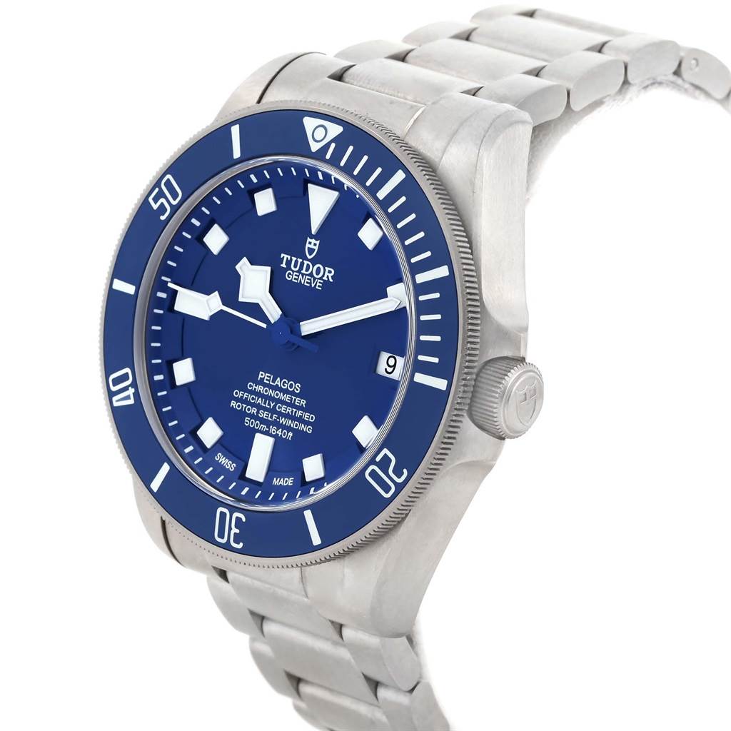 The image shows a Tudor Pelagos 25600TB Men's Titanium Blue Dial 25600TB Men's Titanium Blue Dial watch at a front-side angle, focusing on the dial, bezel, bracelet, and case.