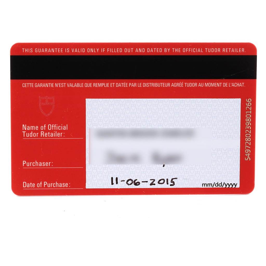 The image shows a warranty card for the Tudor Pelagos 25600TB Men's Titanium Blue Dial 25600TB Men's Titanium Blue Dial model, filled with purchase details.