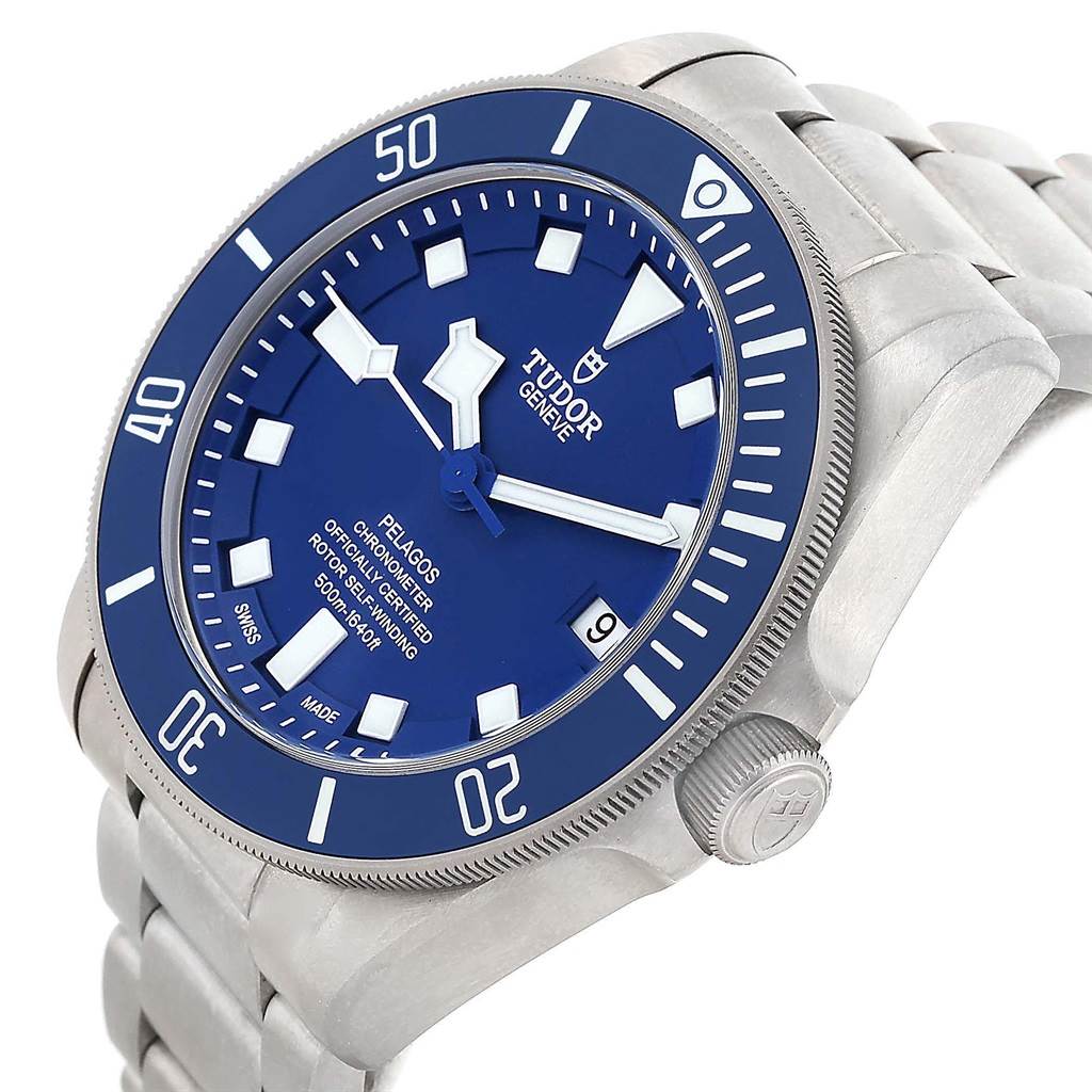 This image shows a Tudor Pelagos 25600TB Men's Titanium Blue Dial 25600TB Men's Titanium Blue Dial watch at a slight angle, highlighting its blue dial, bezel, crown, and metal bracelet.