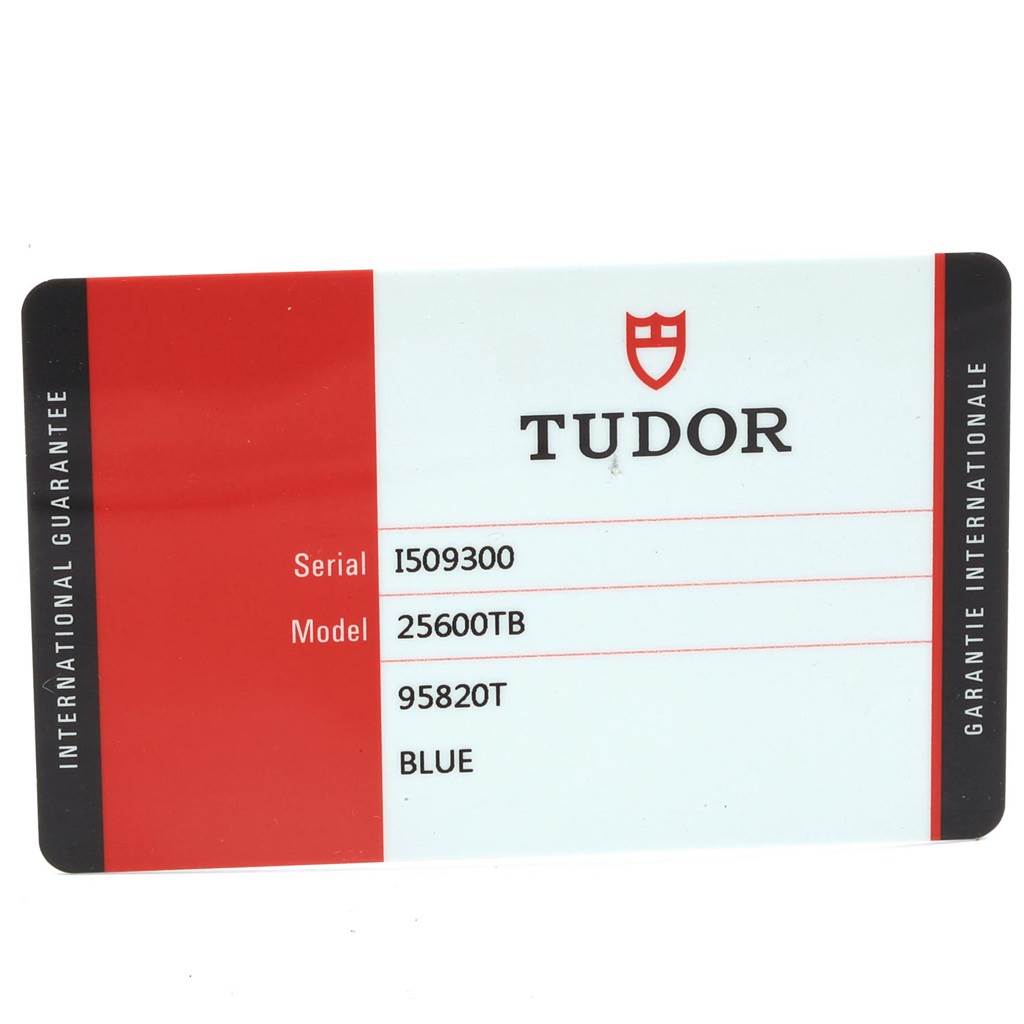 The image shows an international guarantee card for a Tudor Pelagos 25600TB Men's Titanium Blue Dial 25600TB Men's Titanium Blue Dial model watch, displaying its serial and model numbers.
