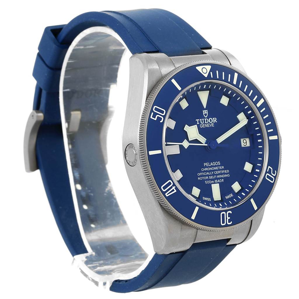 The Tudor Pelagos 25600TB Men's Titanium Blue Dial 25600TB Men's Titanium Blue Dial watch is shown at a three-quarter angle, highlighting the blue dial, bezel, and rubber strap.