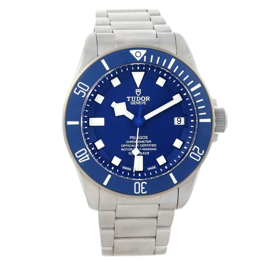 This image shows a front view of a Tudor Pelagos 25600TB Men's Titanium Blue Dial 25600TB Men's Titanium Blue Dial watch with a blue face, bezel, and stainless steel bracelet.